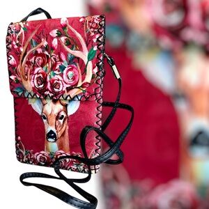 Boho Chic Deer Floral Crossbody Purse Faux Leather Red 8”x 5” Festival purse